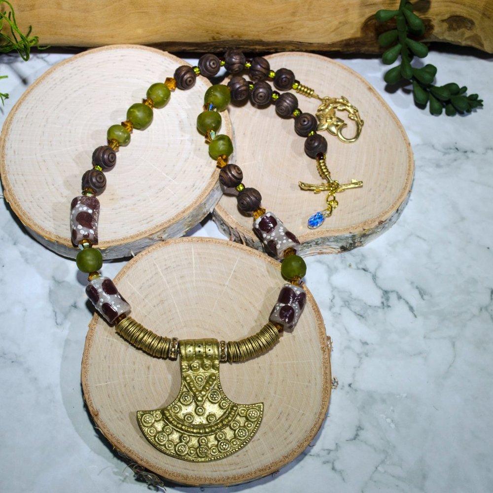 Olive Wood Recycled Glass Brass Pendant Necklace